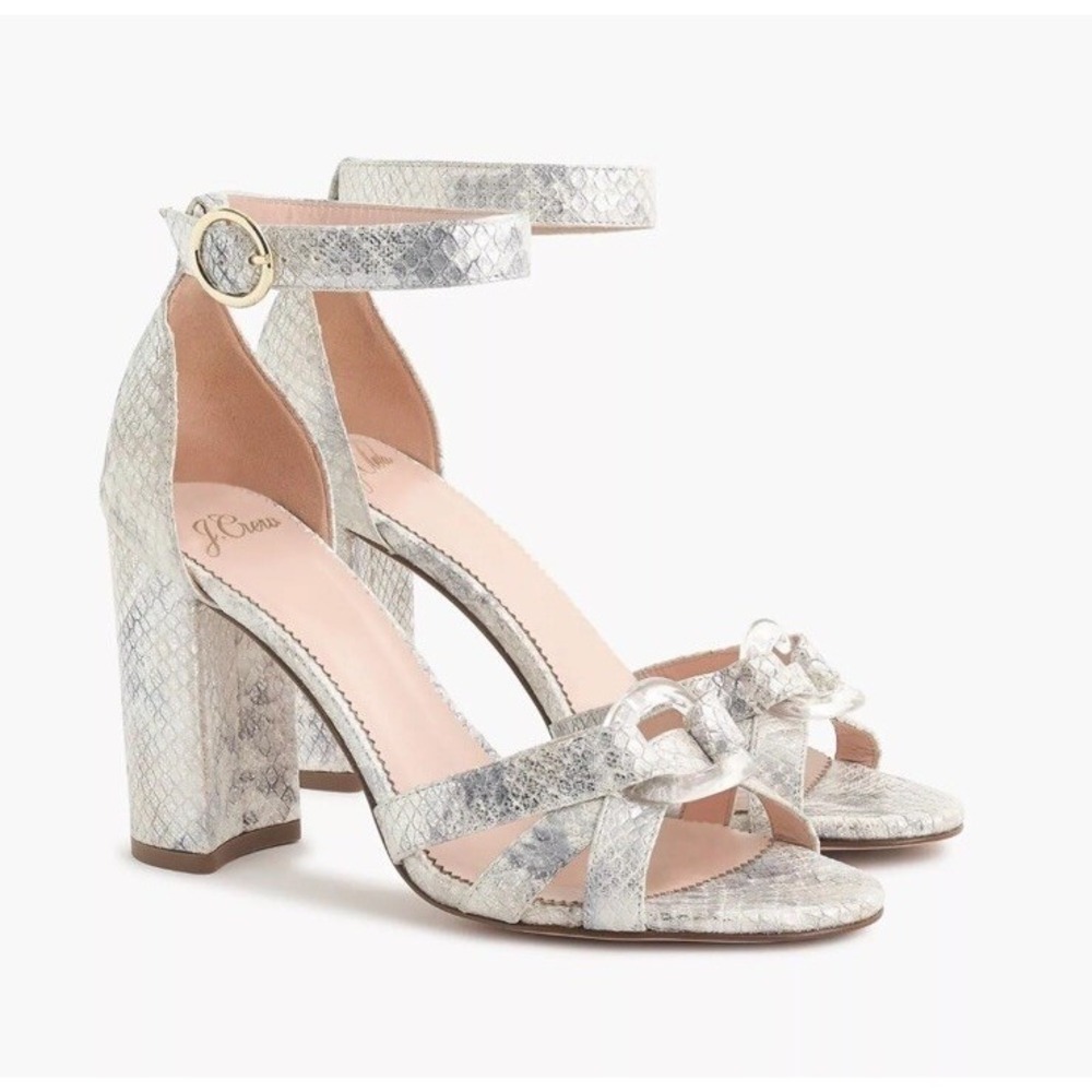 New J.CREW Size 7.5 Stella Heels Metallic Snakeskin-Printed Leather Lucite $228